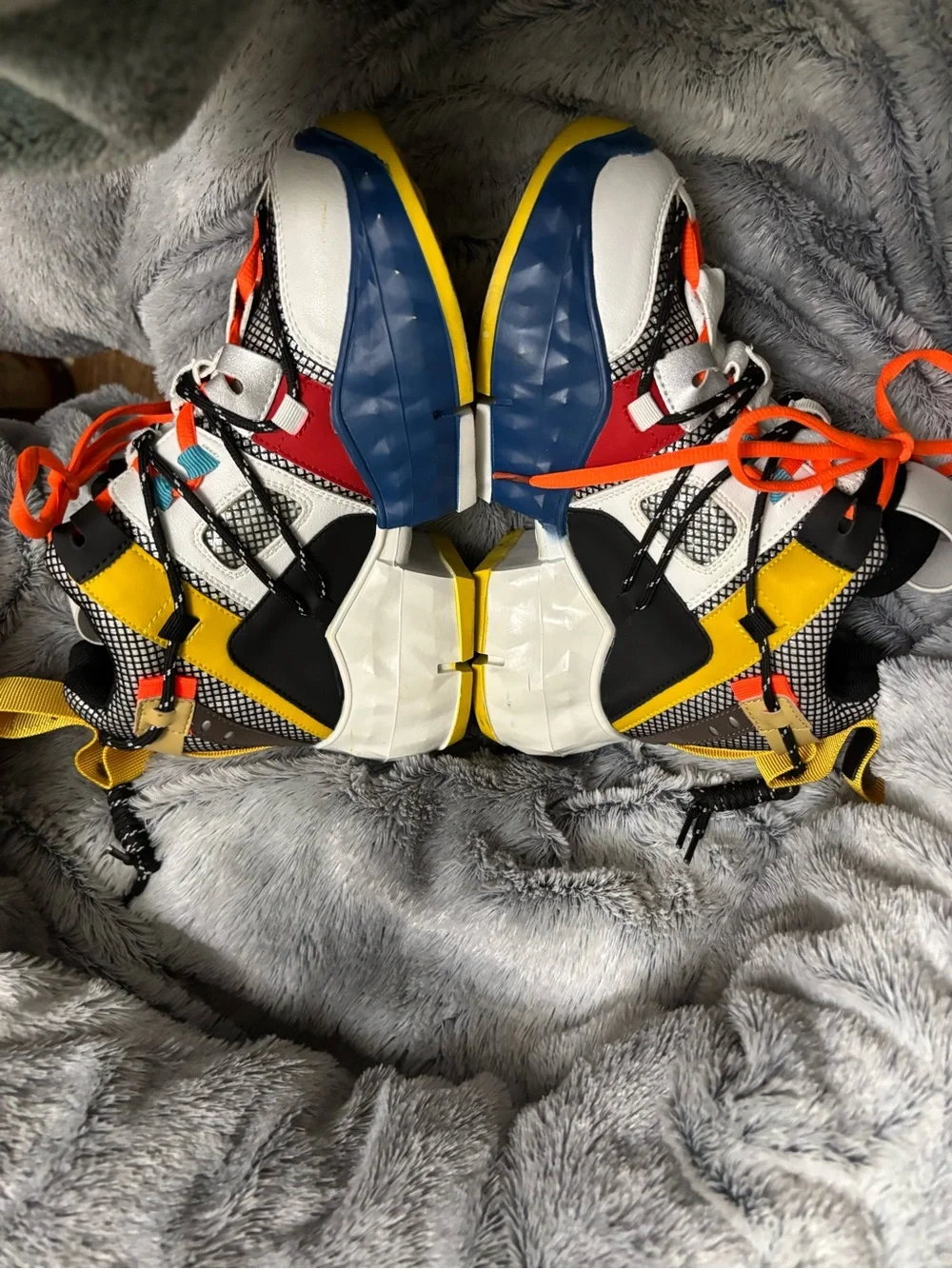 Youth White Sneakers with Blue & Yellow Soles and Orange Laces